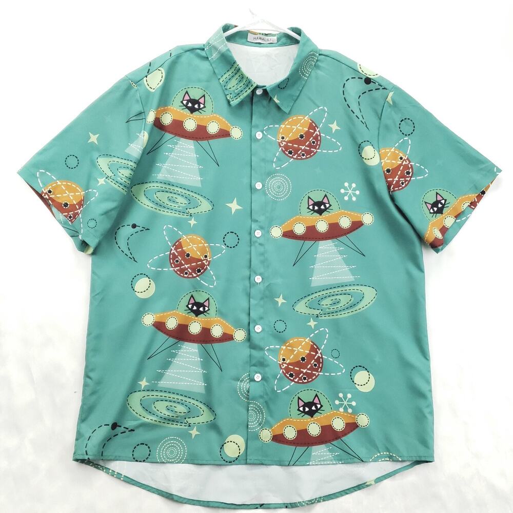 Hawalili Shirt Mens Large Green UFO Cat Short Sleeve Classic Button-Up